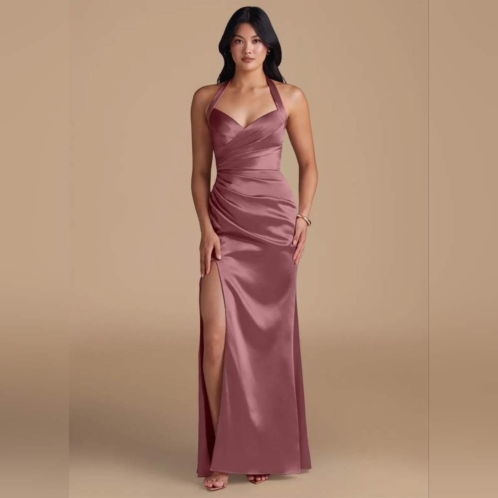NWT Azazie Emeria Vintage Mauve Sheath Side Slit Metallic Satin Dress